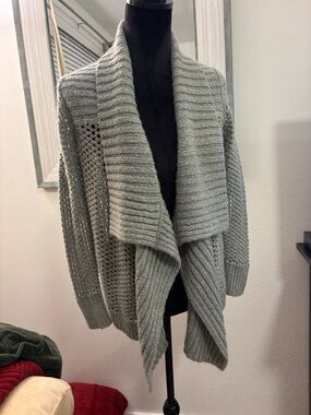 New York & Company Ribbed Shawl Collar Open-Front Cardigan - Gray